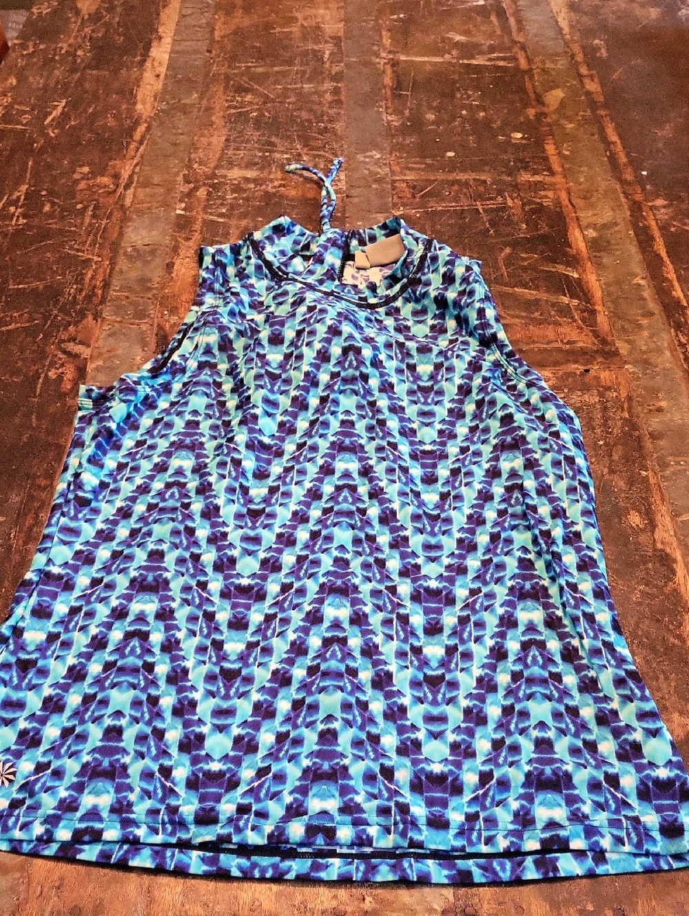 Athleta Turquoise & Navy Geometric High-Neck Swim Coverup